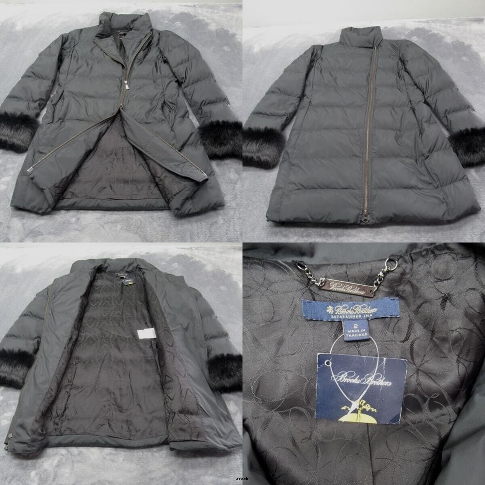 Brooks Brothers Down Parka Womens 2 Black Rabbit Fur Cuff Full Zip Puffer NEW