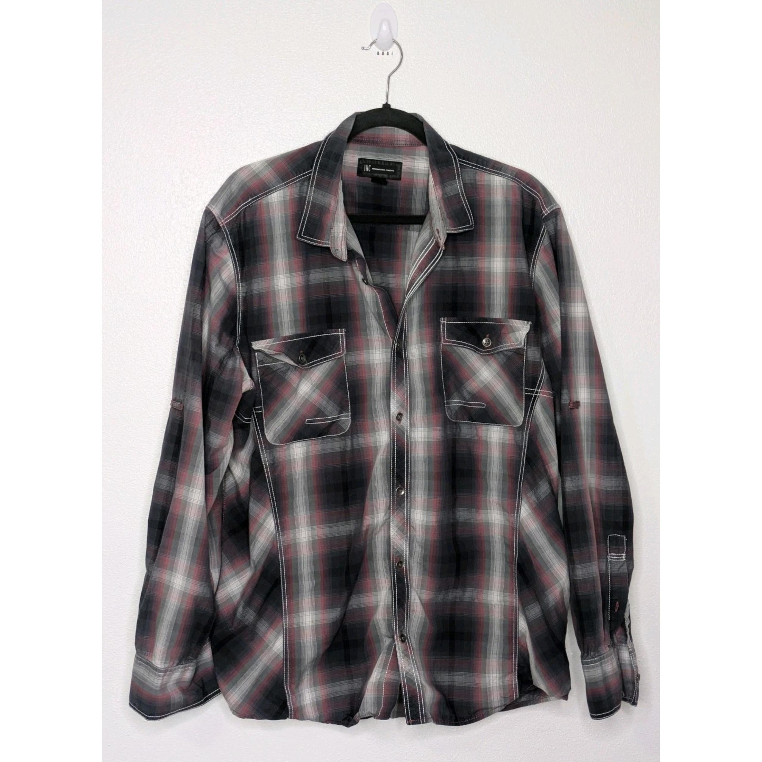 INC International Concepts Men Button Up Shirt 2XL Red Plaid Western Pearl Snap