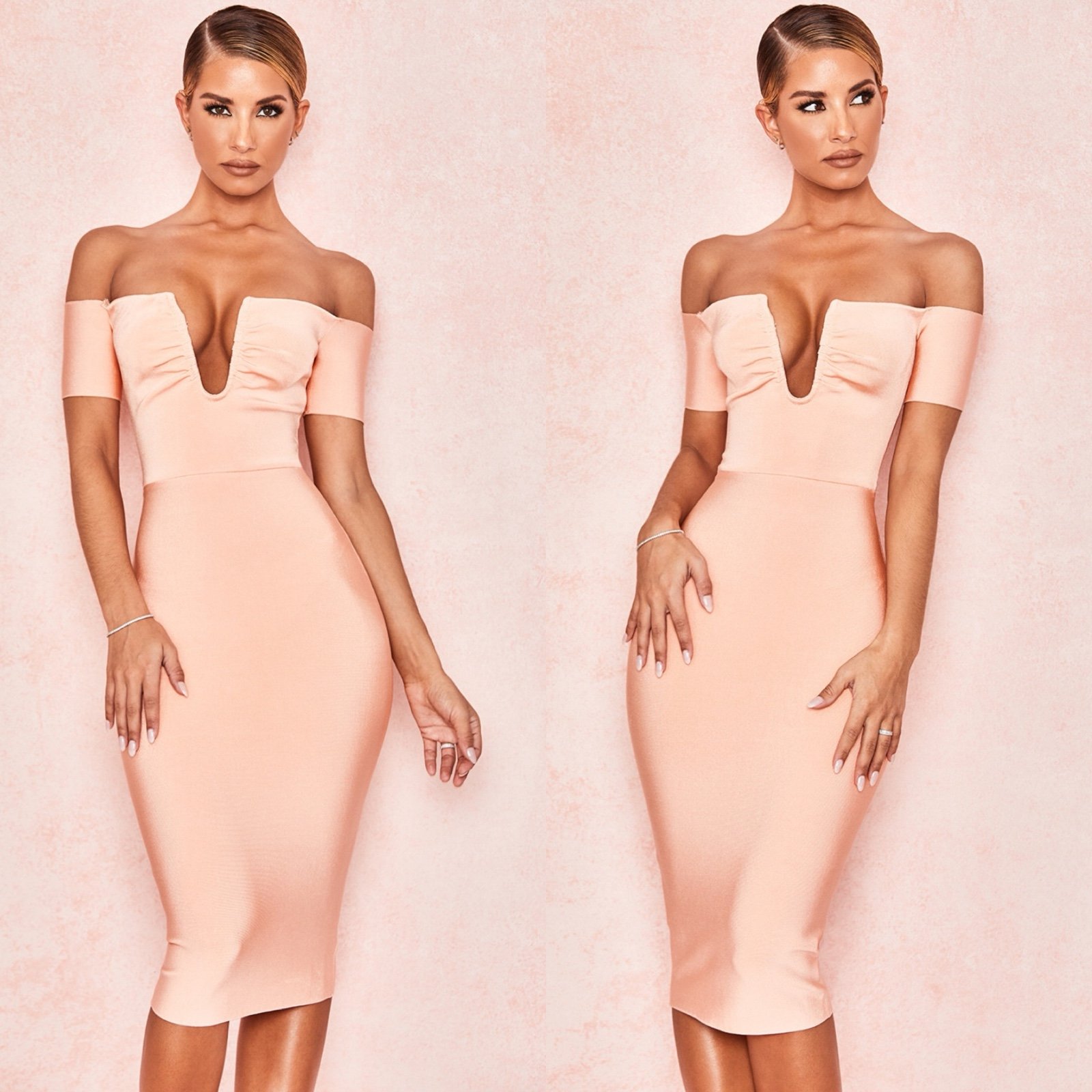 NEW HOUSE OF CB Celia Peach Wire Bandage Dress