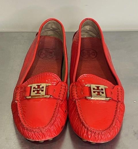 Tory Burch Designer Red Patent Crinkle Leather Flat Loafers Shoes Sz 7