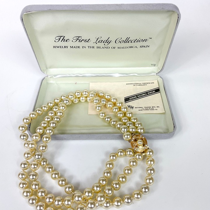 Vintage Mallorca 3 Strand Faux Pearl Necklace 10mm Beads Gold-Tone ornate clasp
