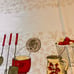 1960’s Printed Tablecloth Kitchen Utensils Vegetables Gold Avocado Scarlet