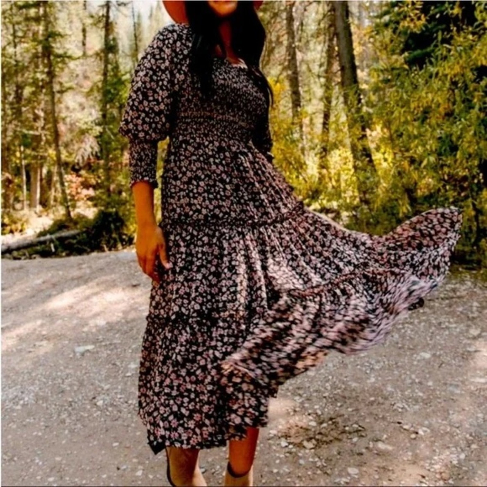 Ivy City Co Demi Maxi Dress Size 5X Dark Floral Tiered Smocked Square Neck