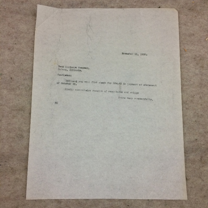 Vtg Letter 1930 Tenk Hardware Company Quincy Illinois Julius Kespohl