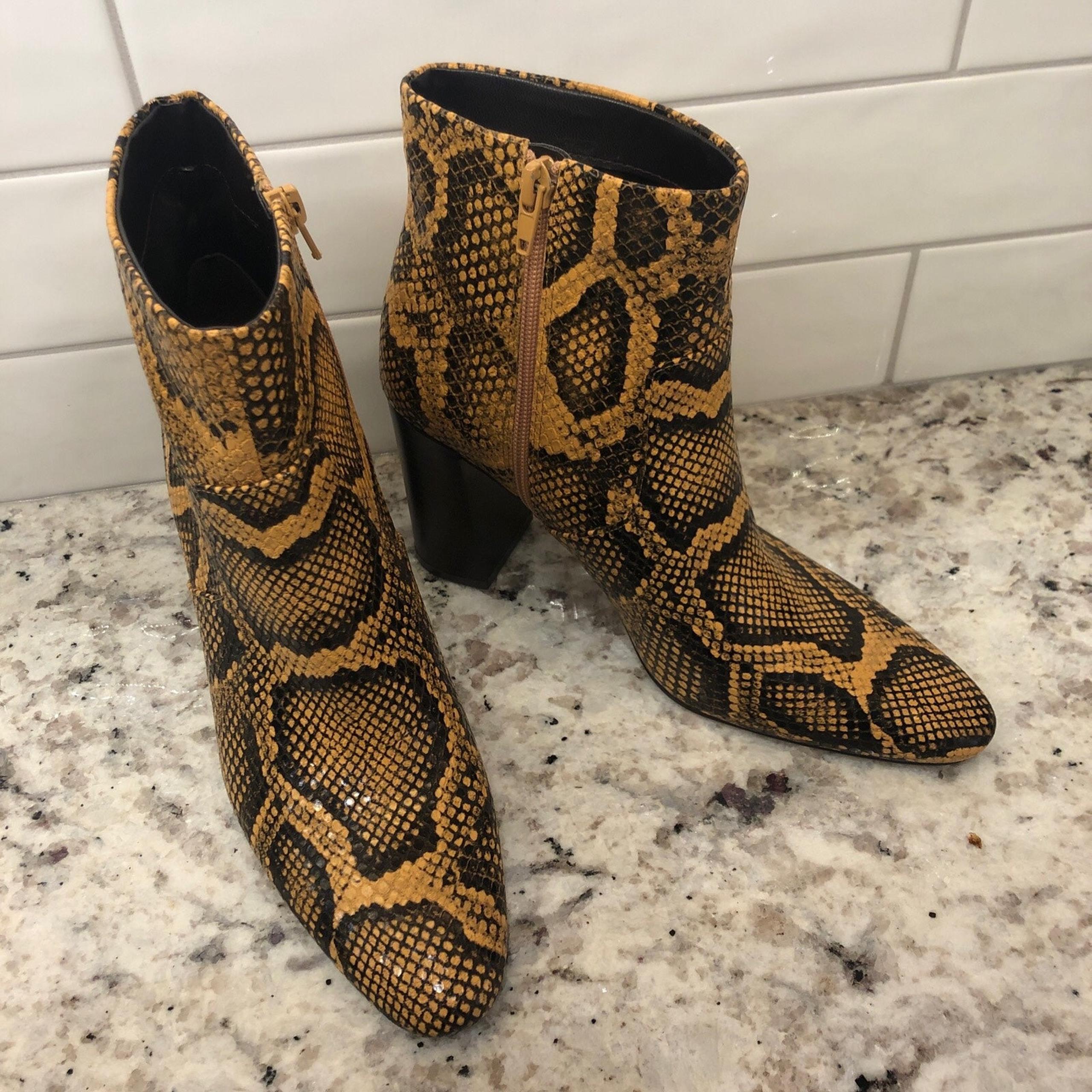 MNG Mango Snake Skin Ankle Booties Size 8 EU 38 Tan Black Beige Square Heel