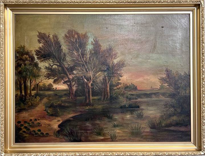 Antique 19th Century Landscape Oil Painting on canvas – Sunset over Pond, Framed