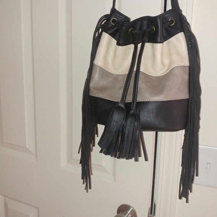 Faux Leather Stripe Colorblock Boho Bucket Crossbody Fringe Bag Drawstring Vegan