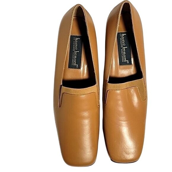 HARVE BERNARD Womens Tan Square-Toe Block Heel Slip-On Shoes Size 7.5 Leather Up