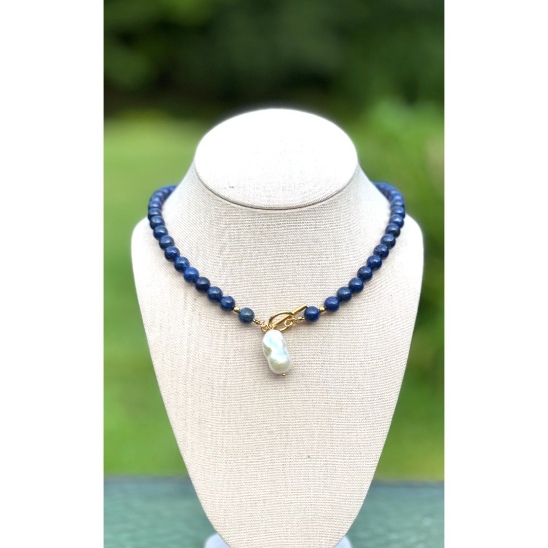 Natural Lapiz Lazuli and Baroque Pearl Statement Neckalce