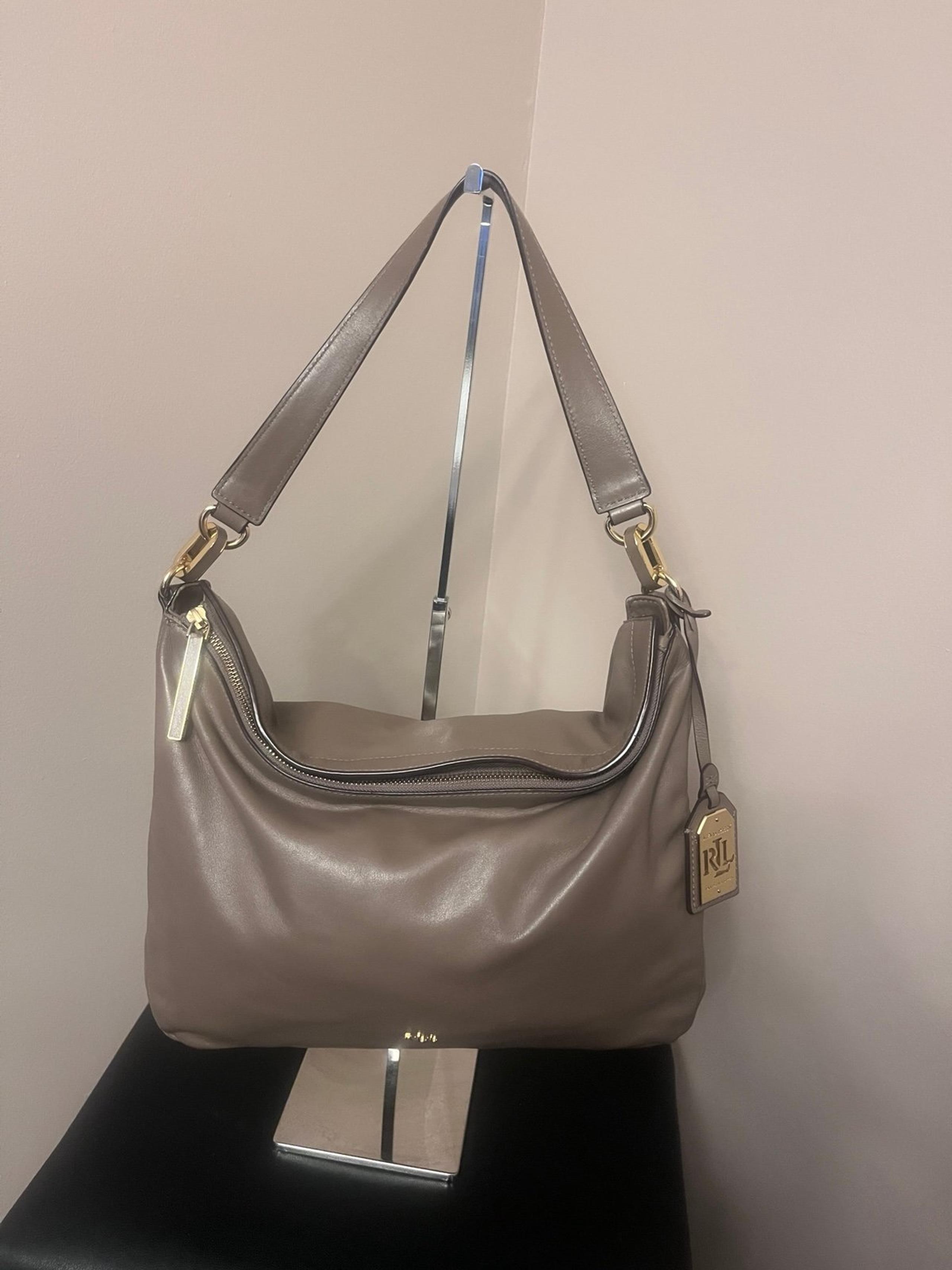 Lauren Ralph Lauren Taupe Leather Handbag Gold Tone Chain Detail Zipper Pocket