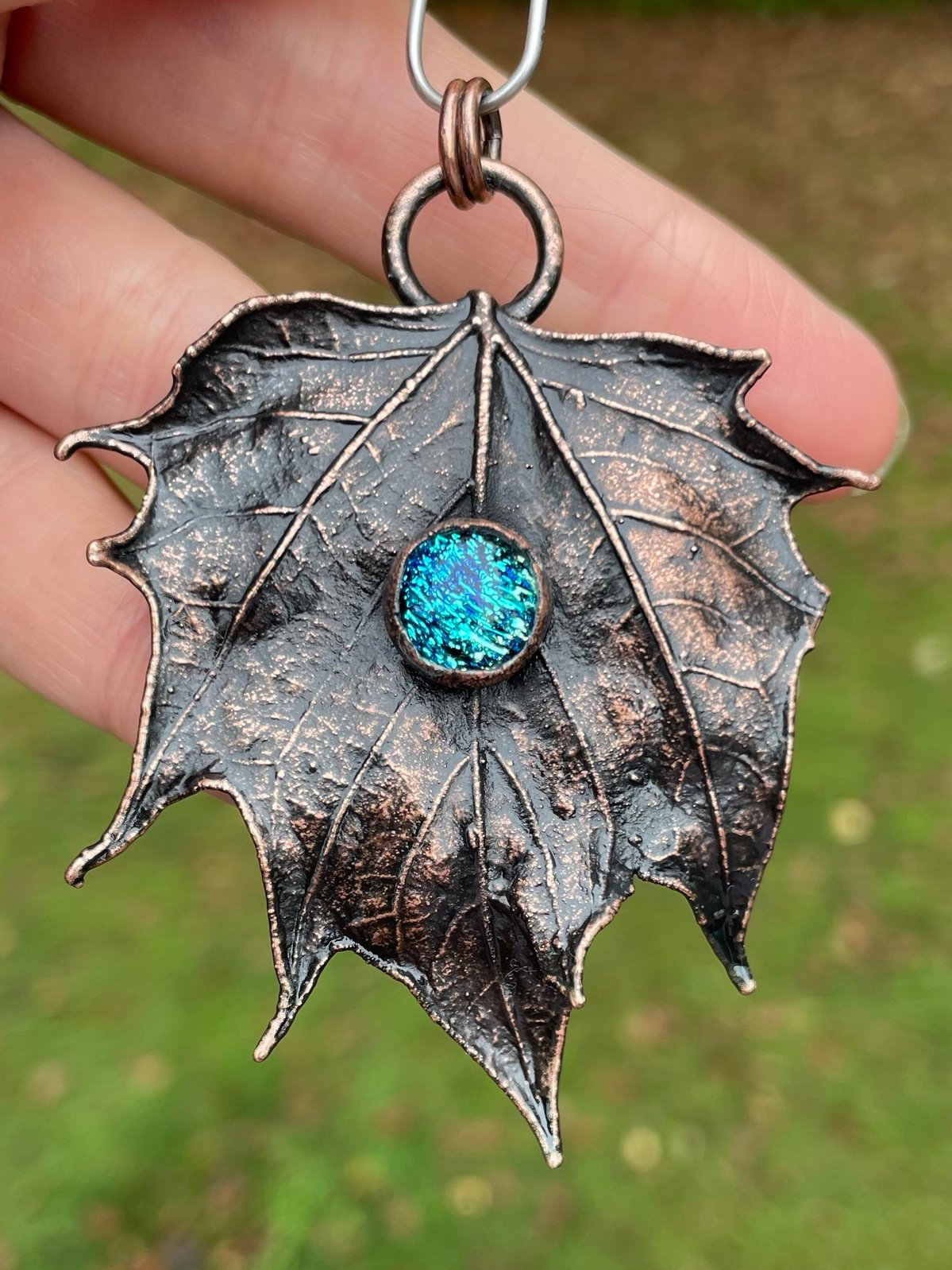 REAL LEAF Pendant in copper Blue Dichroic Glass ARTISAN MADE fall autumn leaf