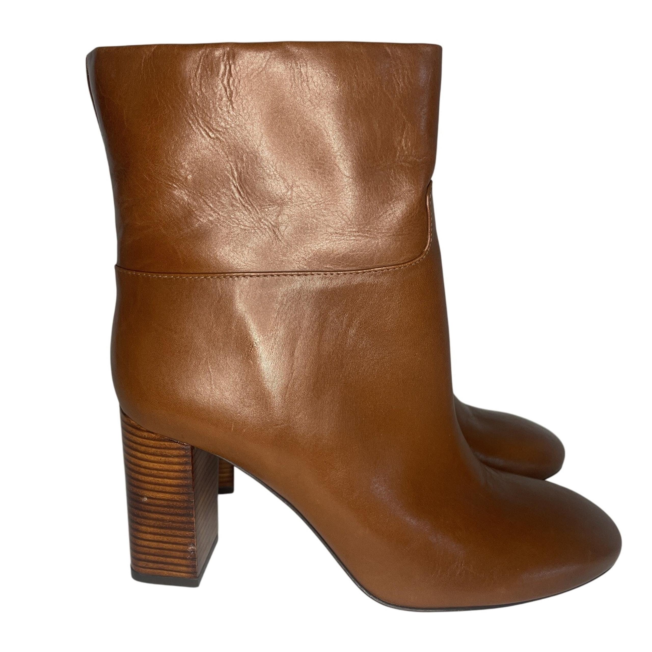 Tory Burch Leather Devon Pull On Ankle Boots Block Heel Carmel Brown Round Toe-9