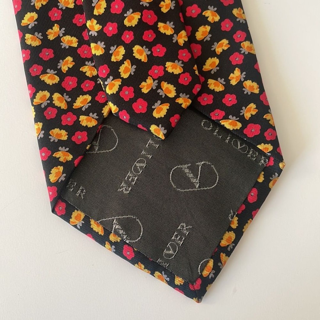 Valentino Oliver 100% Silk Men’s Formal Floral Tie - Black Red and Yellow