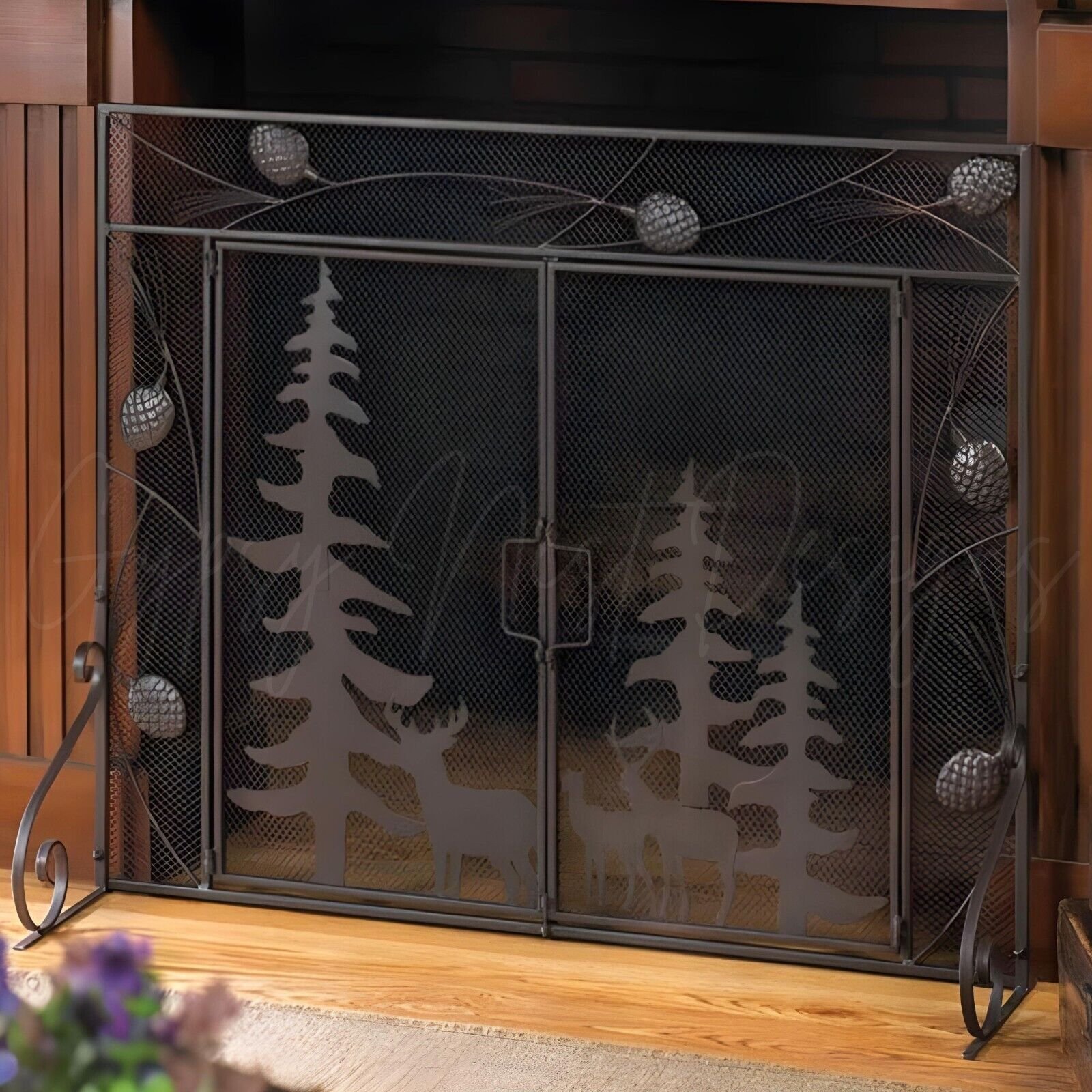 Woodland Forest Iron Fireplace Screen with Doors Cabin Lodge Country Home Décor