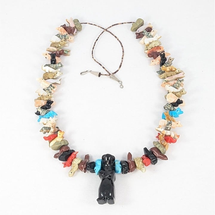 Hand Carved Standing Bear & Mixed Animals Fetish Necklace Native American
