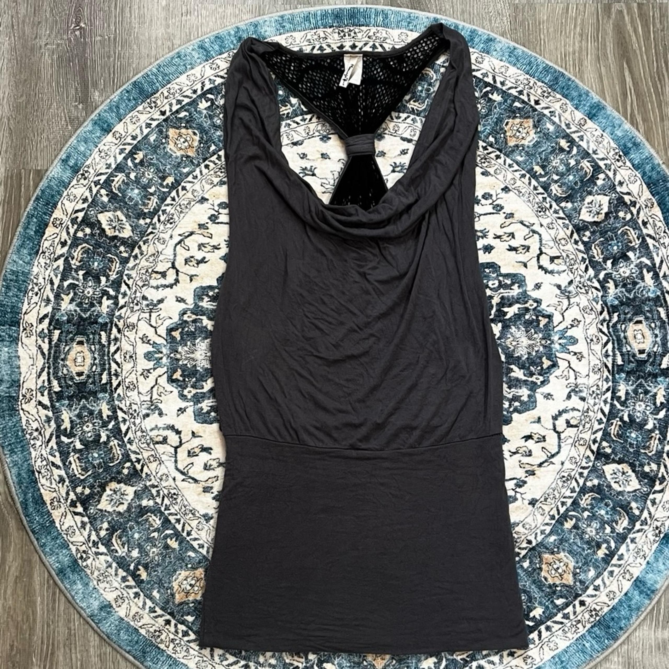 Flamingo Medium Gray Black Racerback Mesh Cowl Neck Tank Top Tunic Y2K
