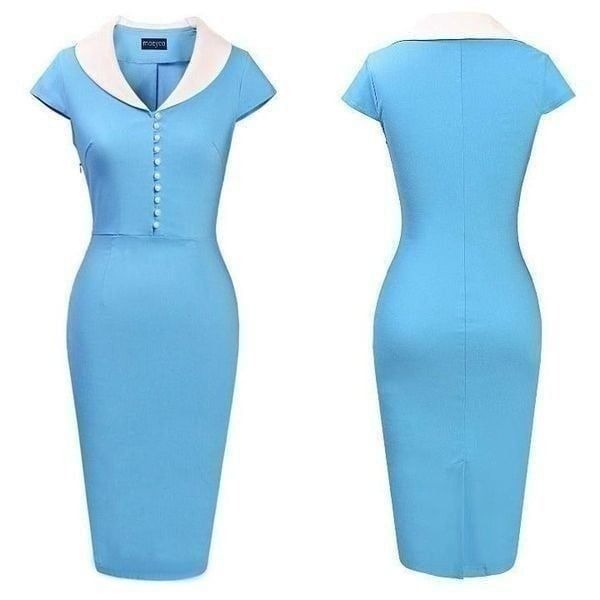 Retro Vintage Pinup 1950s Classy Elegant Pencil Midi Blue Dress SIZE XXL