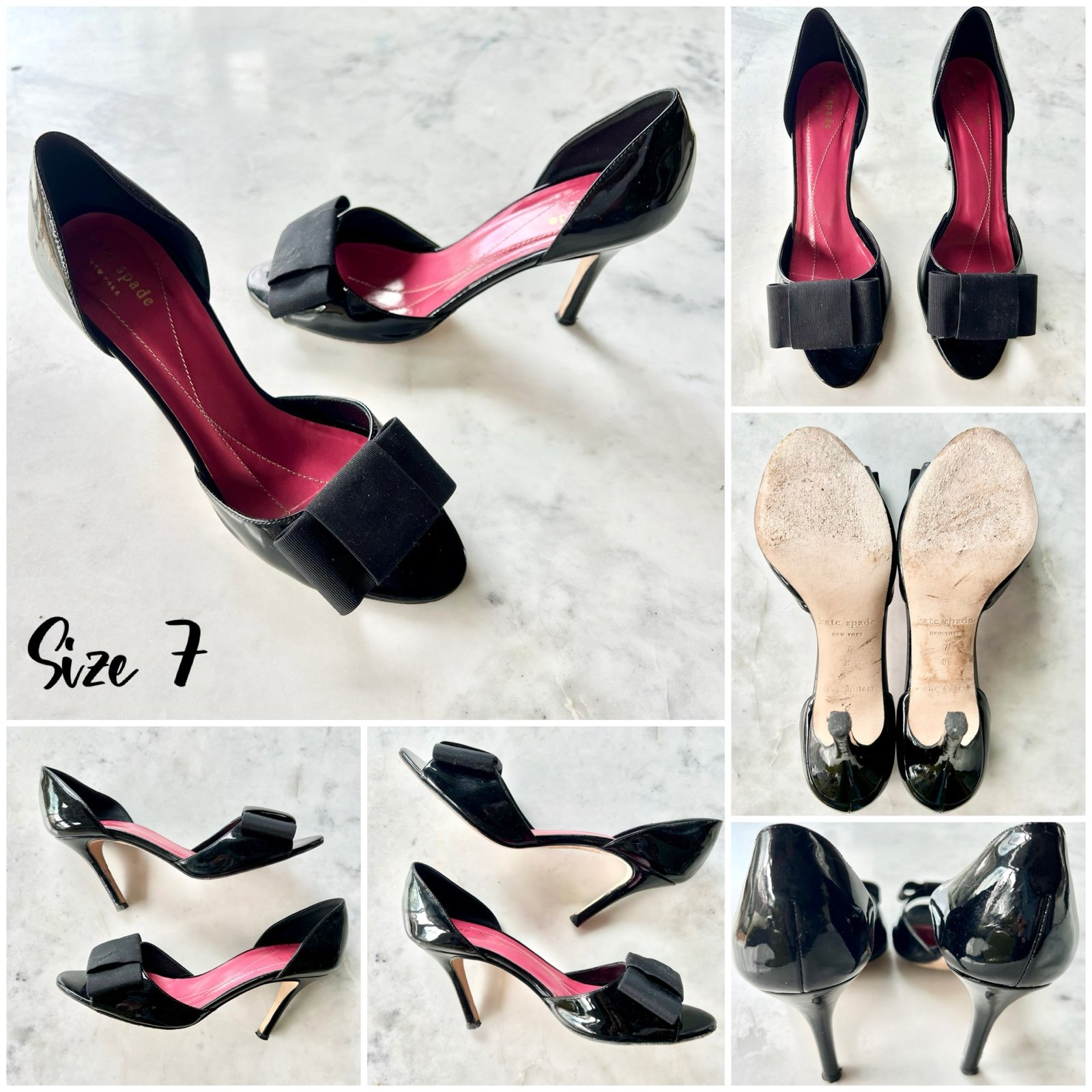 Kate Spade New York “D’Orsay” Gina Black Patent Open Toe Stilettos w/ Grosgrain