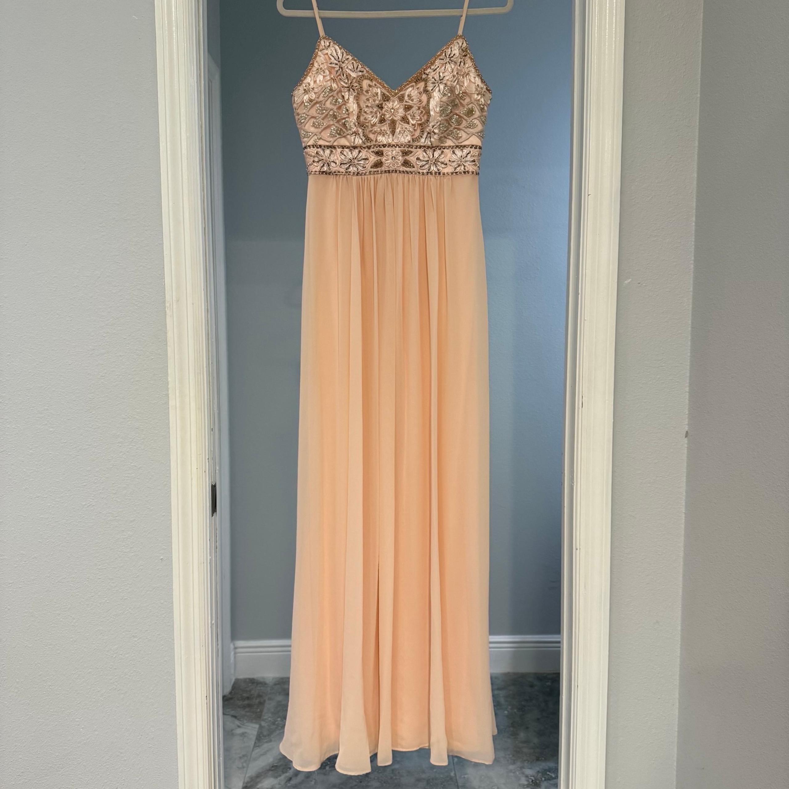 Sue Wong Nocturne Maxi Dress Beaded Sequin Bodice Pale Peach Chiffon