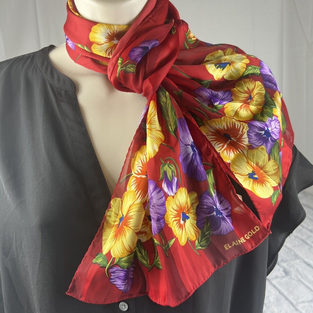 Vintage ELAINE GOLD Scarf Red Floral Poly Chiffon Rectangle Scarf 11 x 52