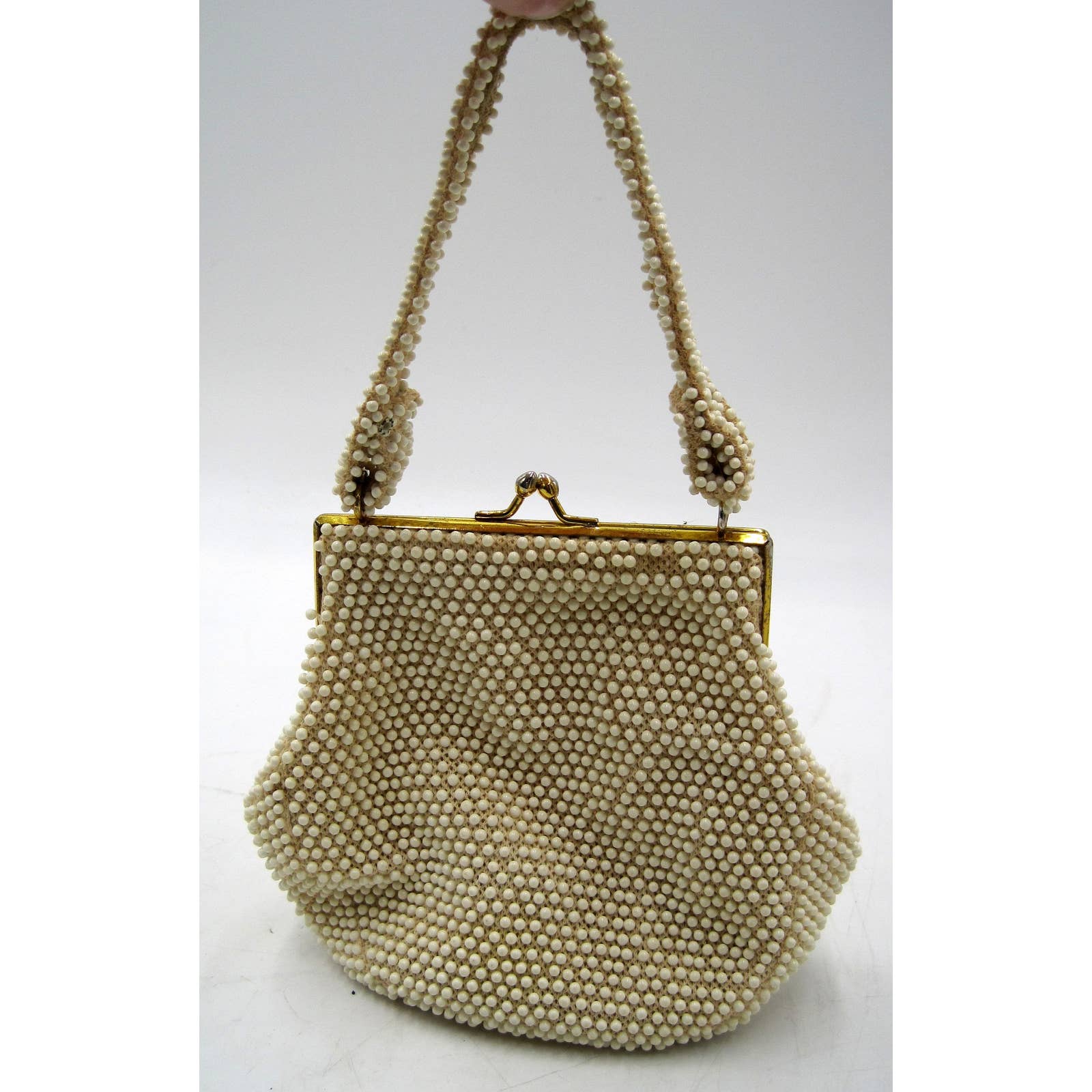 Vintage Beaded Cream Purse with Gold Hardware Kiss Lock Closure