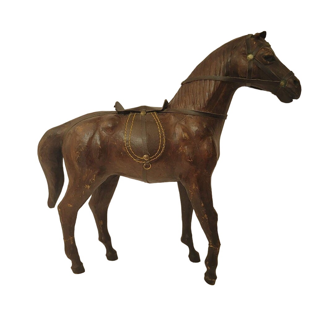 Vintage Leather Wrapped Horse Figurine Equestrian Saddle Sculpture 13 Tall