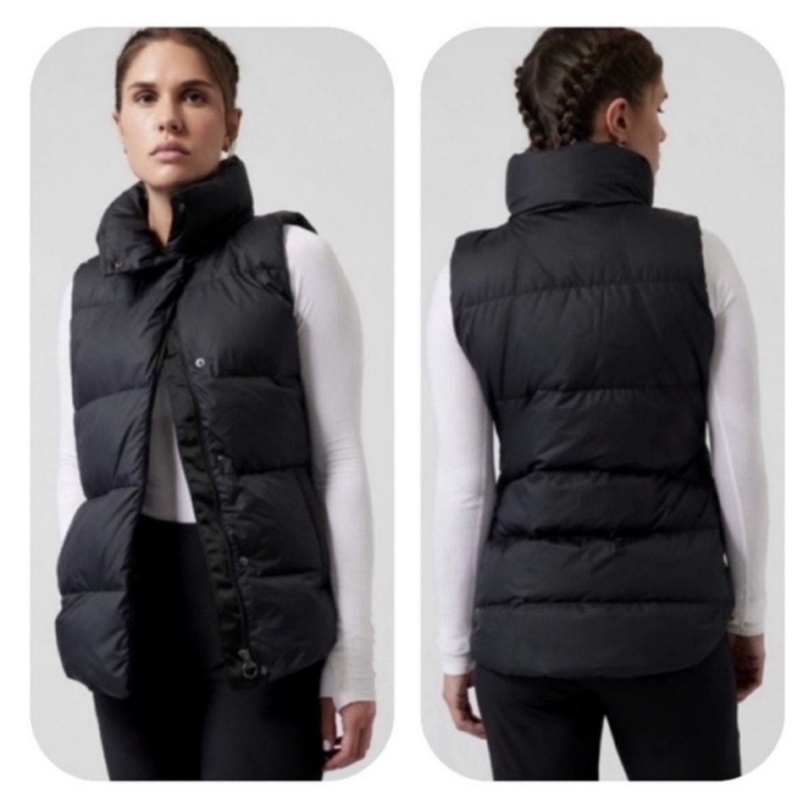 Athleta Long Downtown Black Down Puffer Vest Sz Medium Hidden Hood Gorpcore