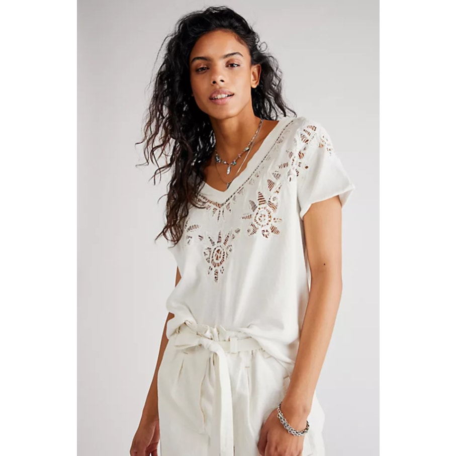 Free People Lyla Cotton Crochet Cut Out Tee Short Sleeve Boho Coastal Summer S