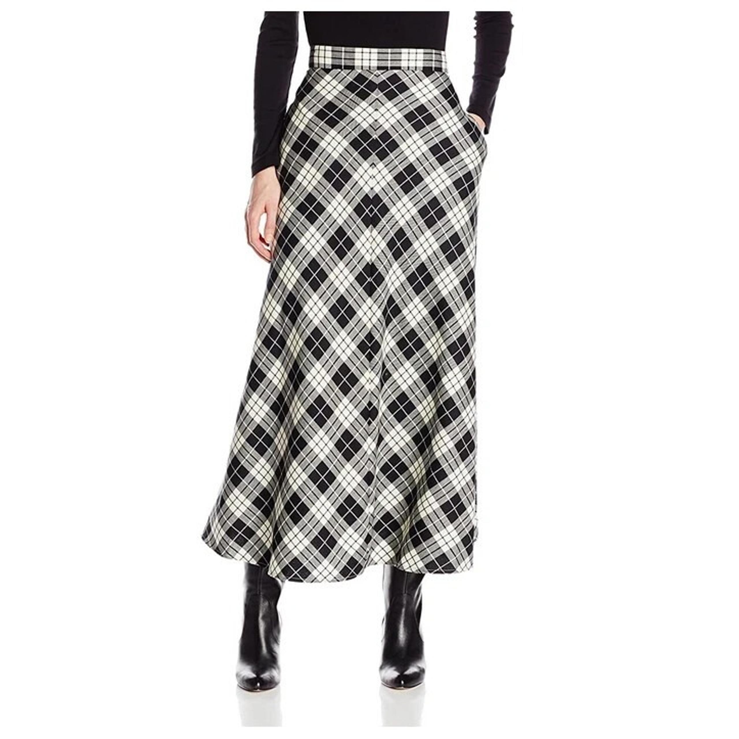 Pendleton 100% Wool Plaid Skirt Black White Tartan Midi USA Made 16 Petite