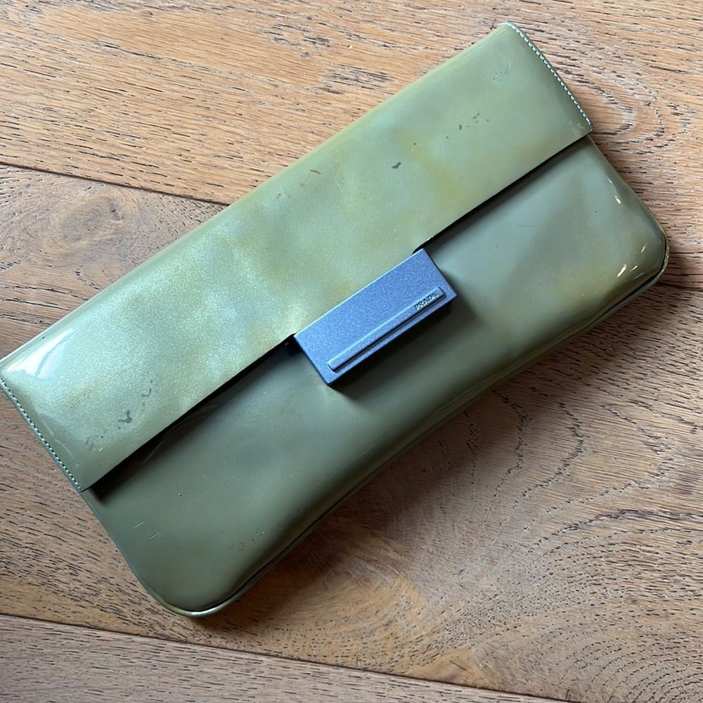 Prada mini bag clutch in mint green patent leather mesh detail aluminum closure