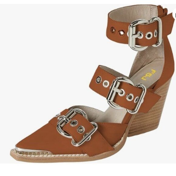 FSJ Women Pointed Toe Metal Buckle Hollow Out Leather Strappy Medium Thick Wedge
