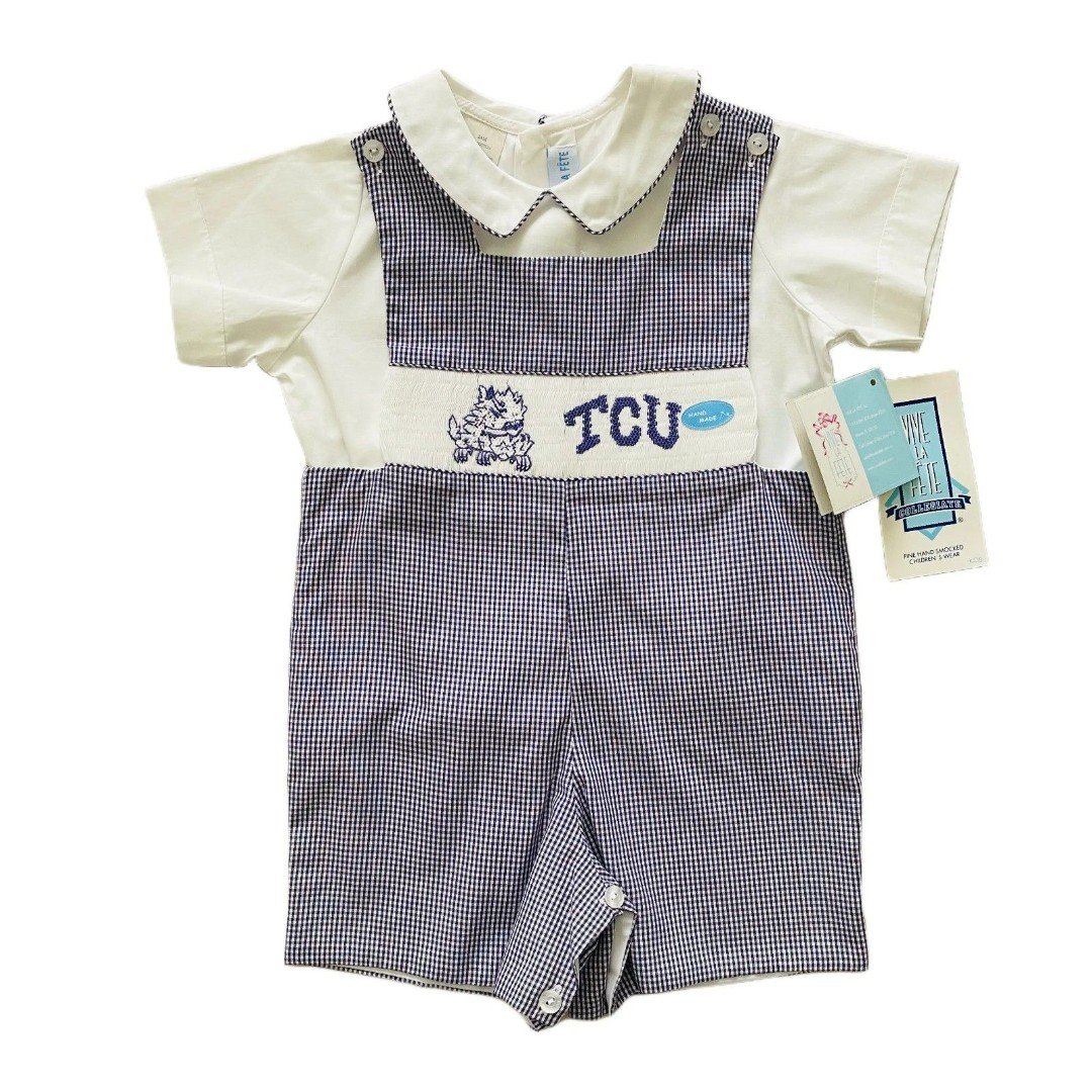 NWT Vive La Fete Embroidered Purple Check Jon Jon + Short Sleeve Shirt Size 24M