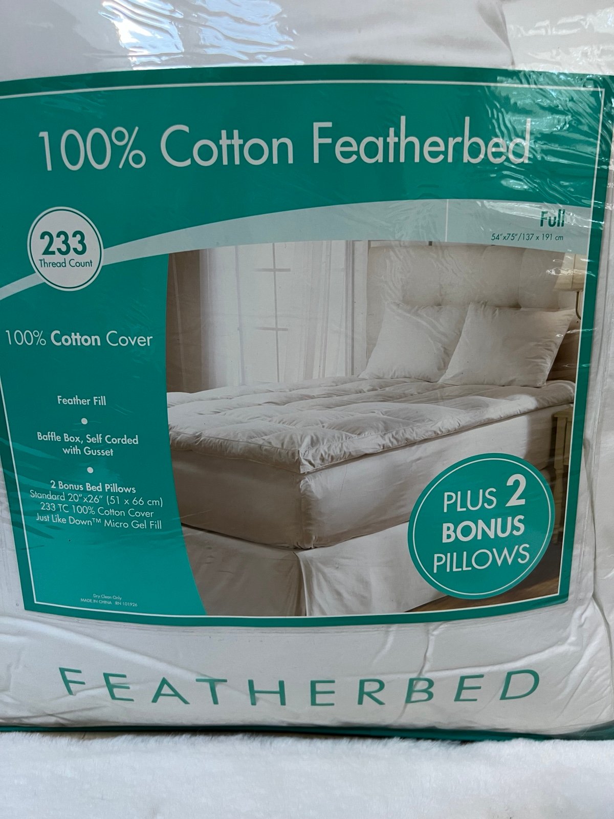 100% Cotton Featherbed & 2 Pillows NIB