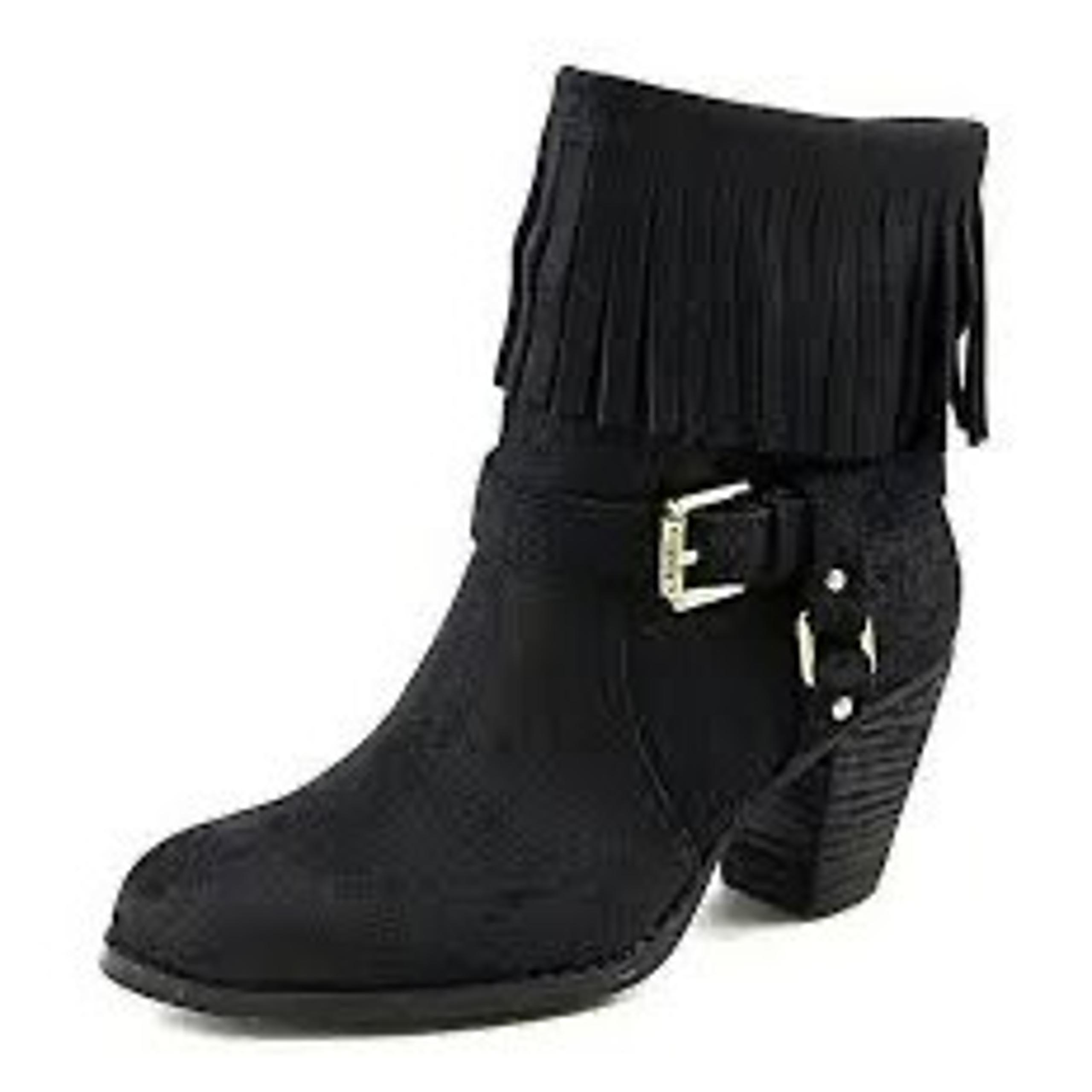 Lauren Ralph Lauren Black Suede Fringe Ankle Boots With Gold Buckle & Side Zippe