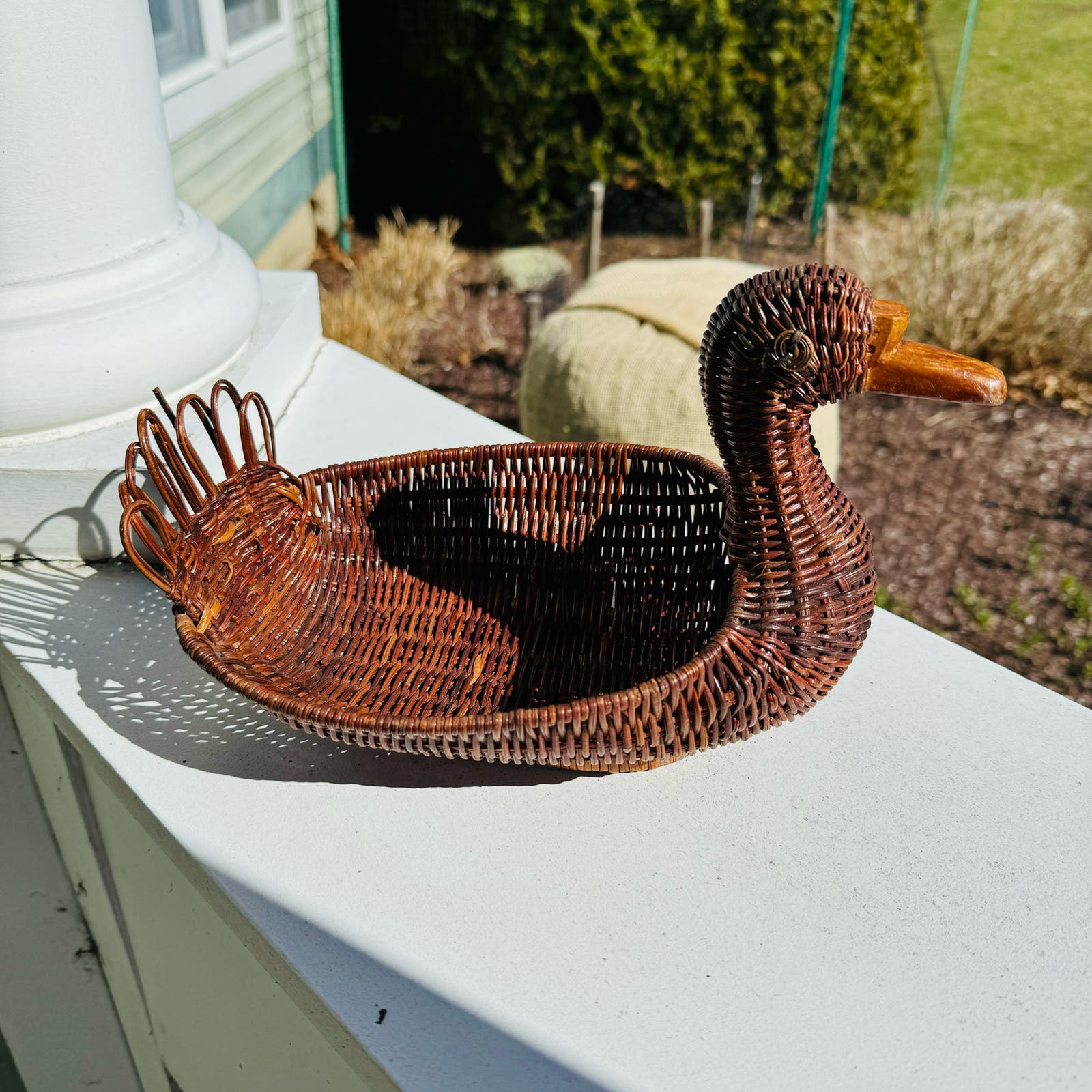 Vintage 70s Handmade Wicker Chestnut Brown Duck Basket Decorative Boho Cute Rare