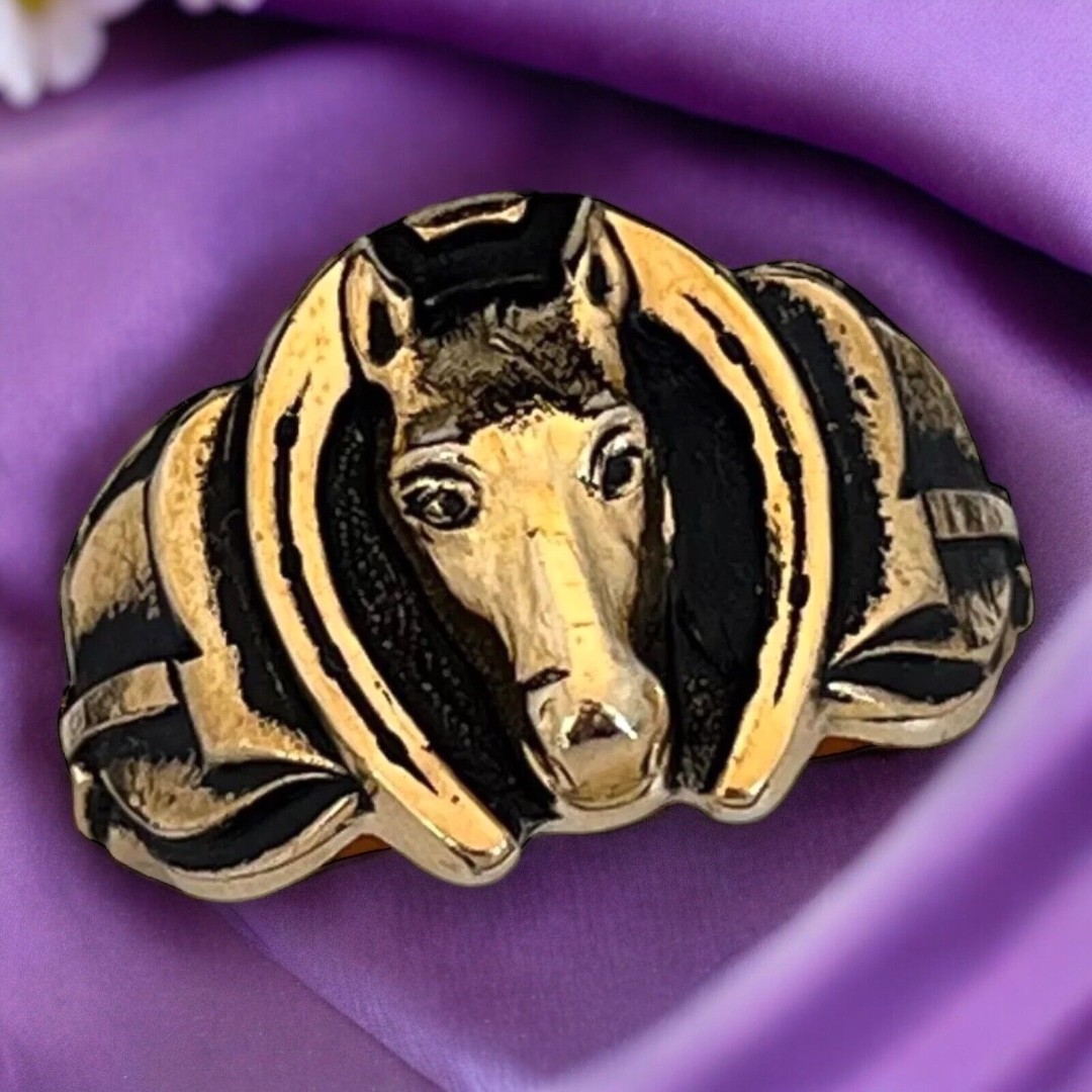 Vintage Clark and Coombs Ring Size 7 Horse & Horseshoe 18K Gold Plate Derby 14P