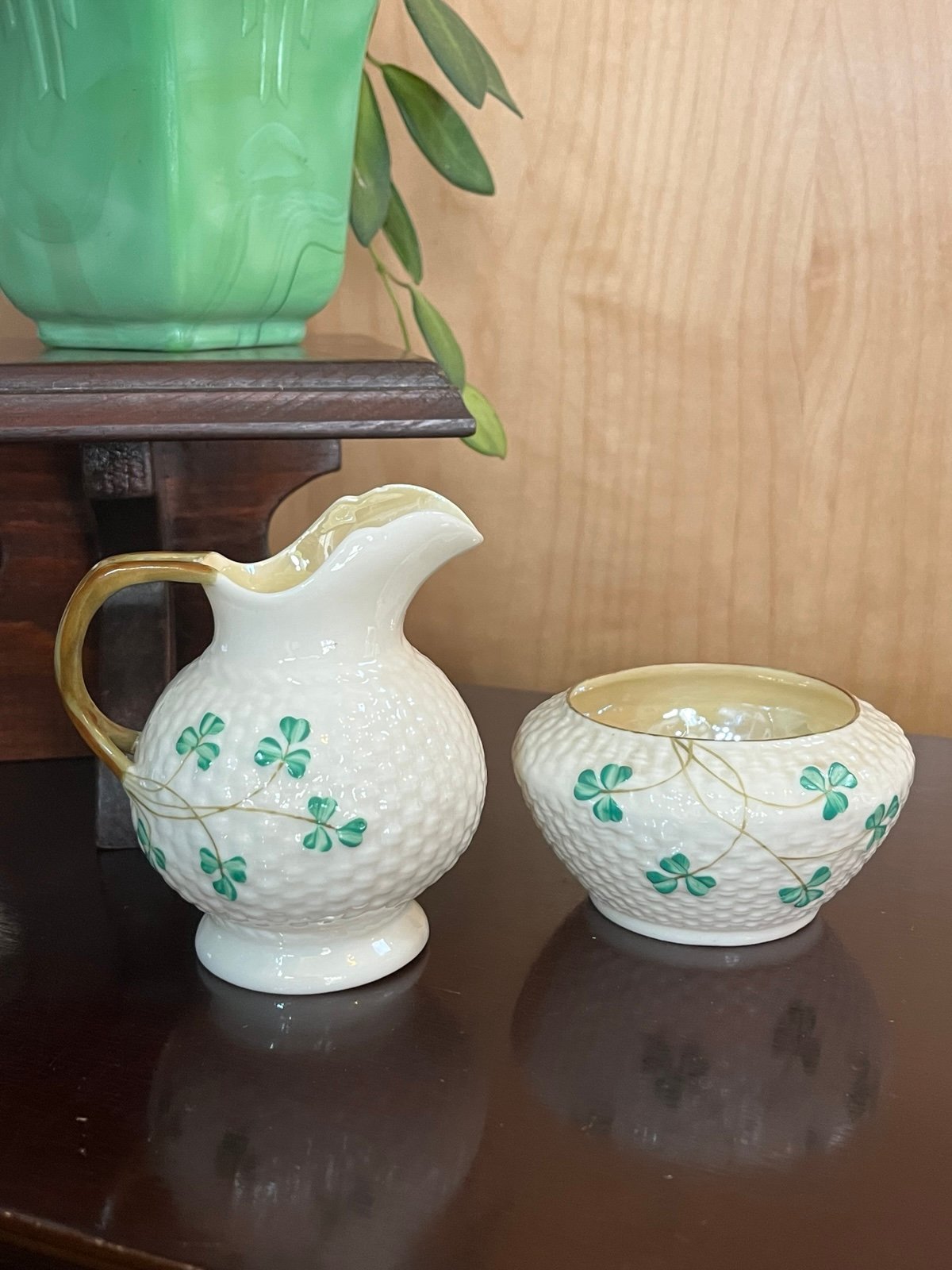 Vintage Belleek Shamrock creamer & sugar bowl set signed hand painted 4 &