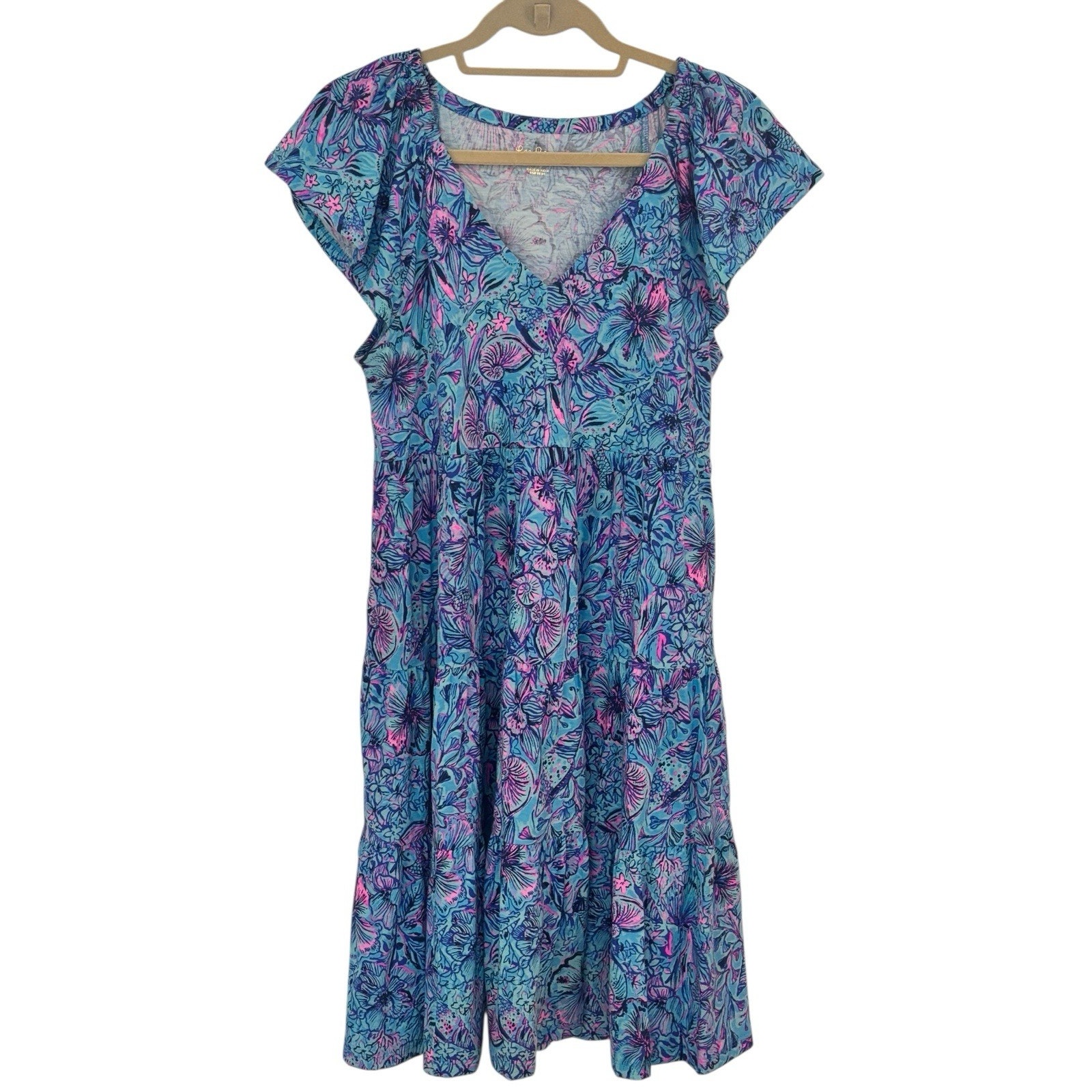 Lilly Pulitzer KAWAI SWING DRESS Flutter Sleeve Medium Shells n Bells Blue Pink