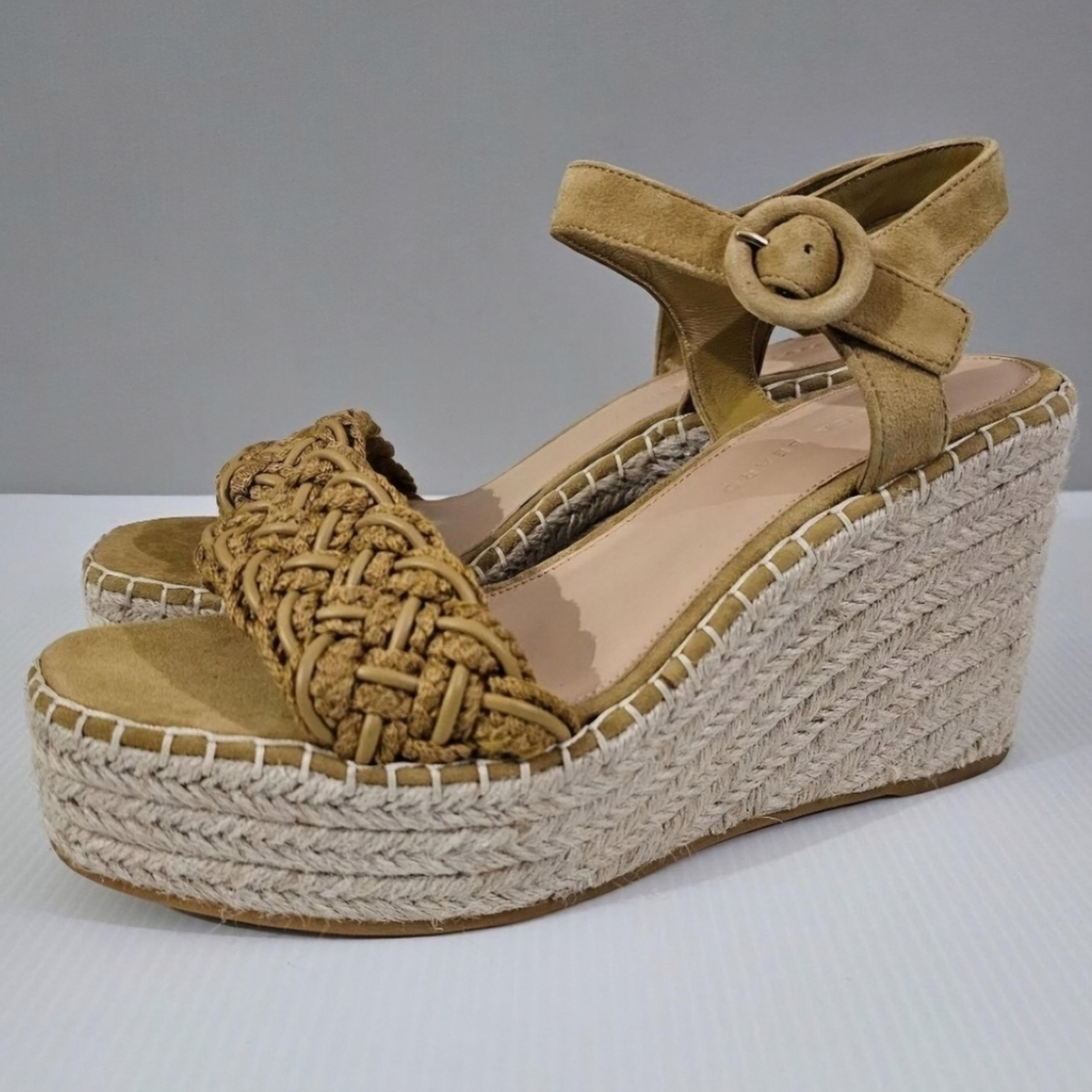Veronica Beard Reema Woven Sandal Espadrille Wedge Shoe Mustard Leather 10