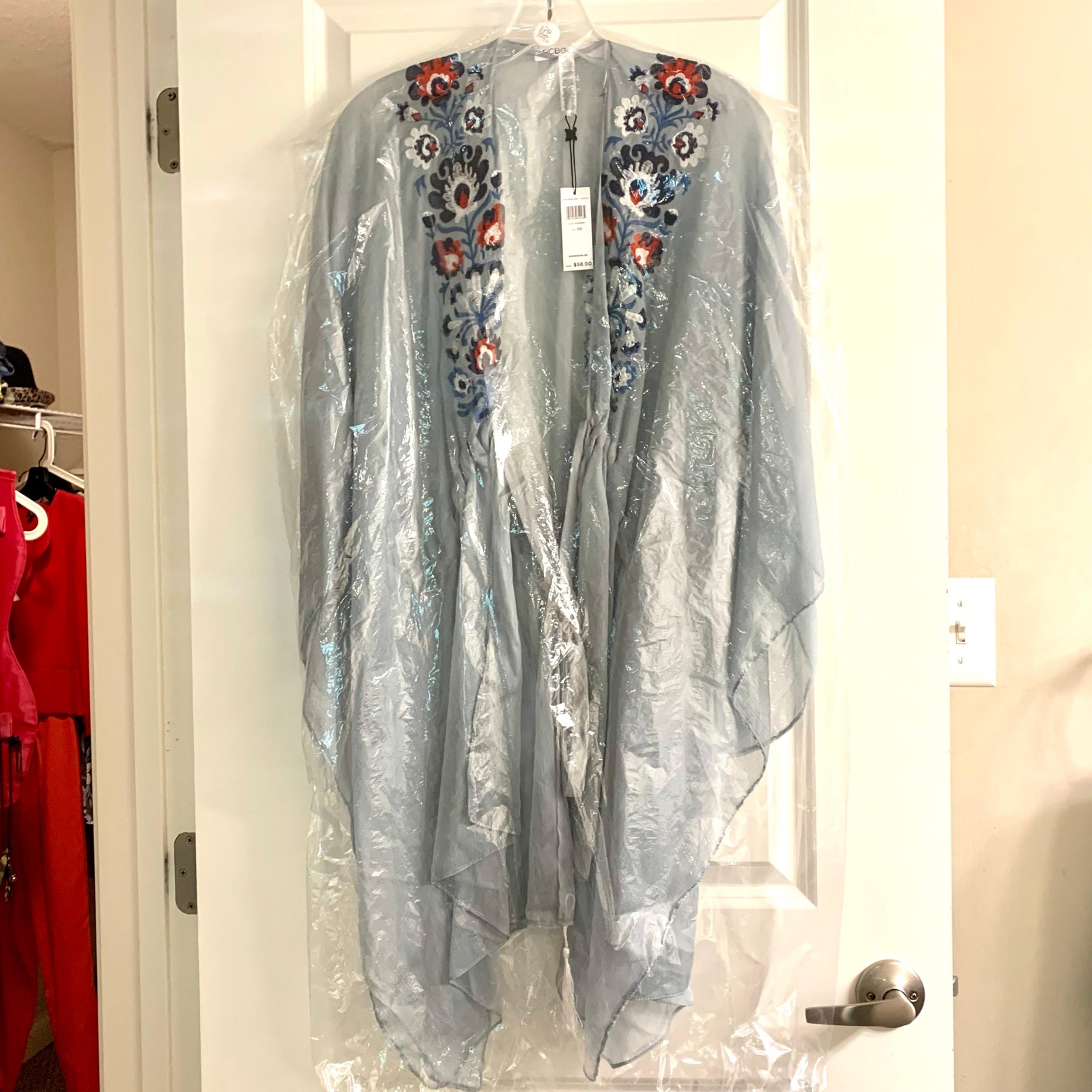BCBGeneration Women's Blue Embroidered Tie Mesh Kimono Sheer Cover Up NEW W/TAG