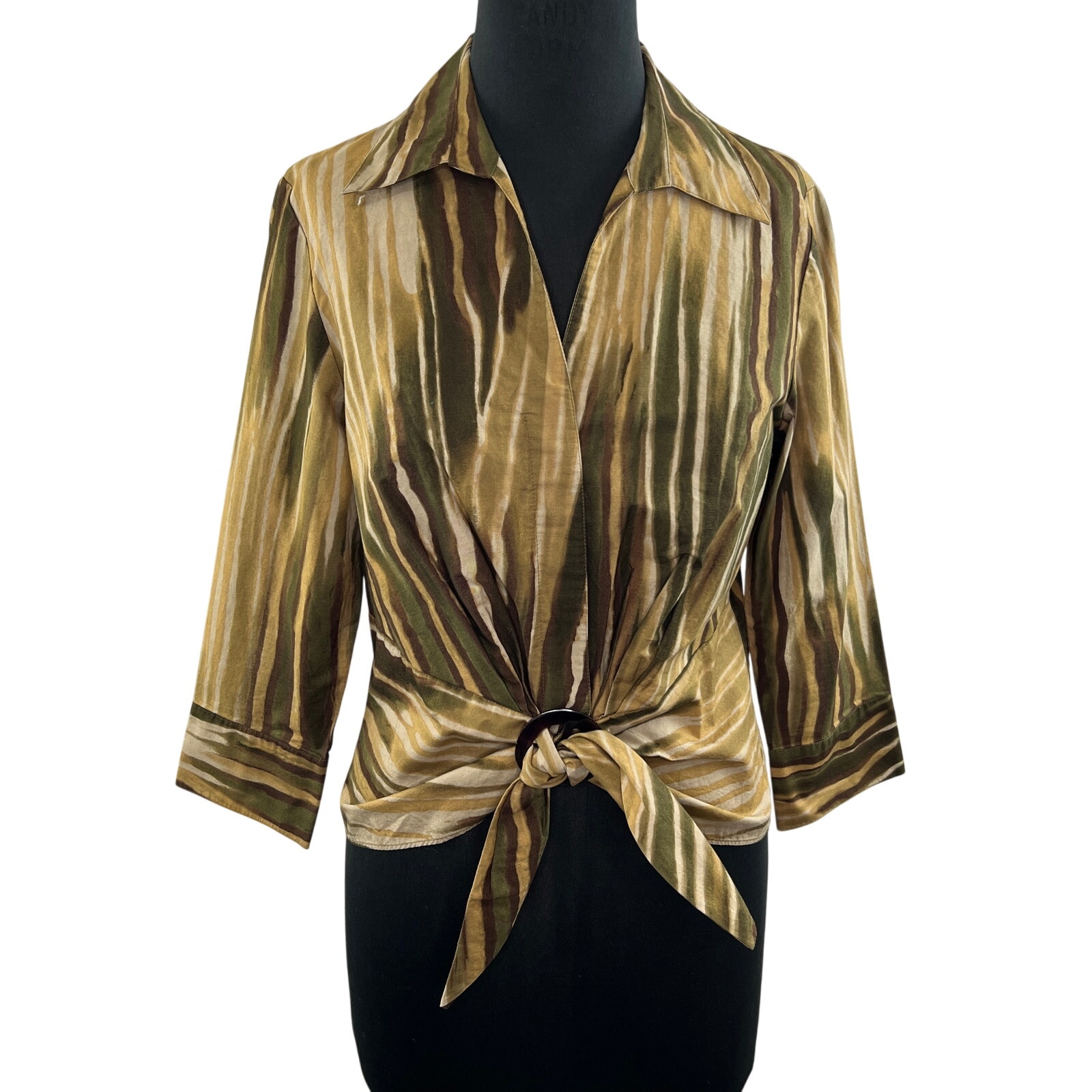 Lafayette 148 New York Olive Green Tan 3/4 Sleeve Tie Front Wrap Blouse Top Sz 8