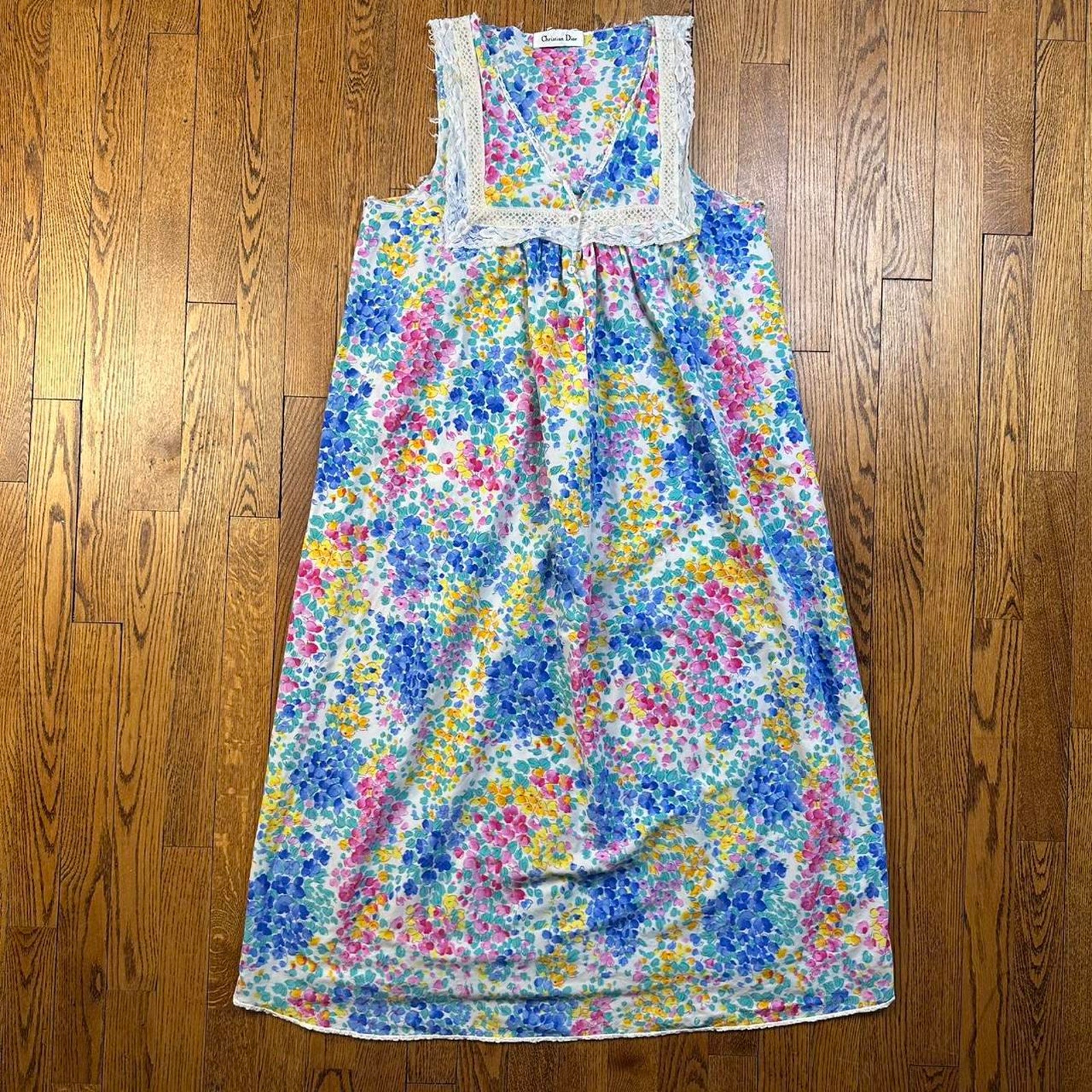Vintage 90s Christian Dior Multicolor Floral Nightgown w/ Lace Trim