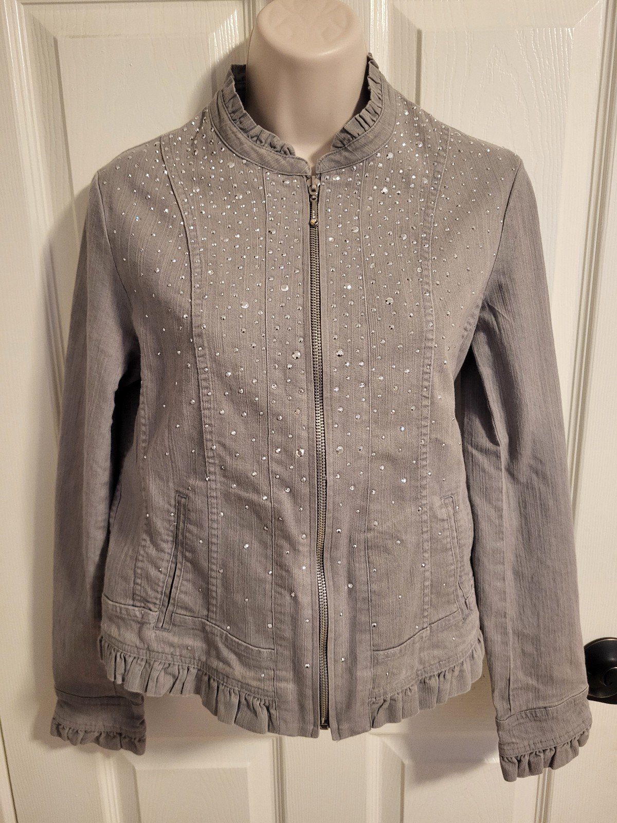 Christine Alexander Gray Denim Jacket with Swarovski Crystals Size Small