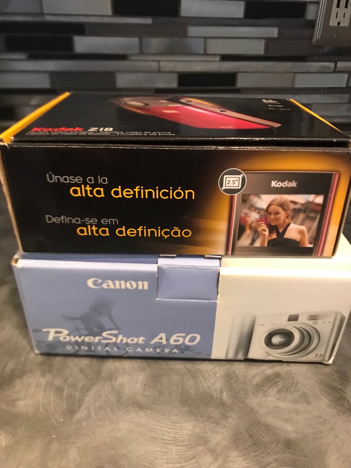Lot Of 2 Cameras In Box Part/repair- Kodak Zi8 & Canon Power Shot A60. Both came