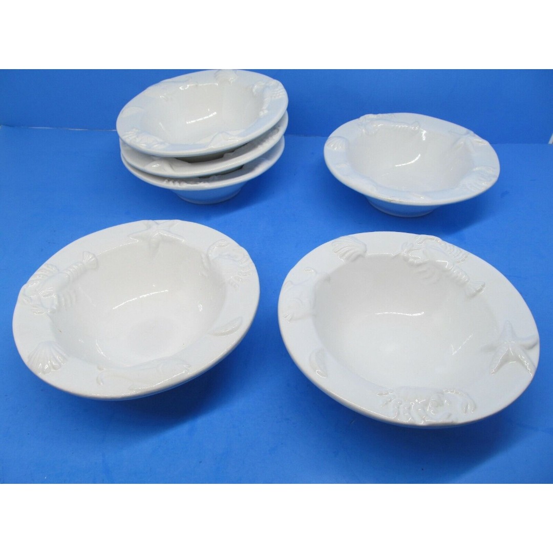 Sea Life Embossed Lobster Crab White Cereal Snack Bowls Bundle of 6