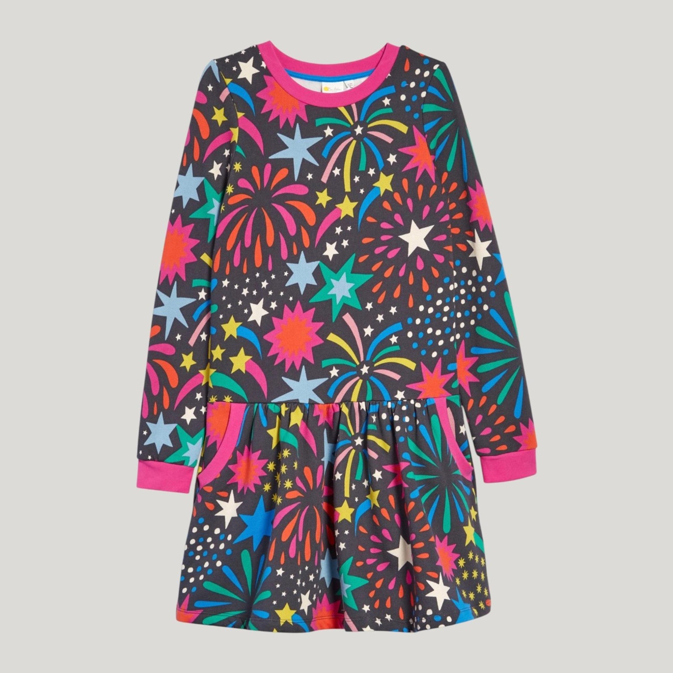 Mini Boden Soot Grey Fireworks Print Sweatshirt Dress