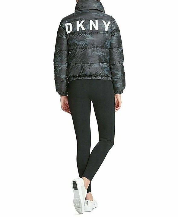 DKNY Sport Printed Logo Puffer Jacket Black Combo Camo Size L Large NWT