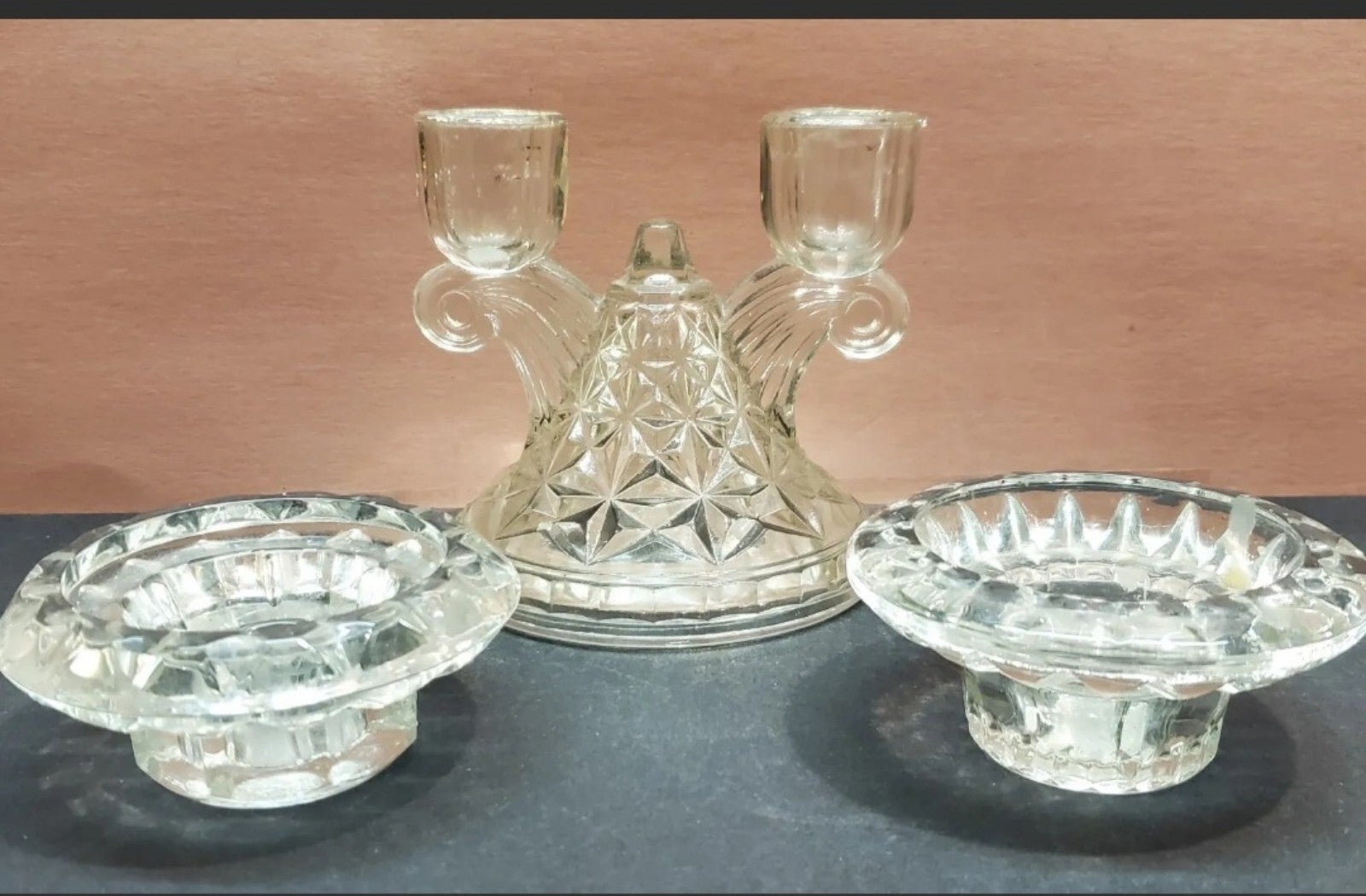 Vintage Glass Candleholder Set 3 Pc Clear Pasari Indonesia & Double Taper Holder