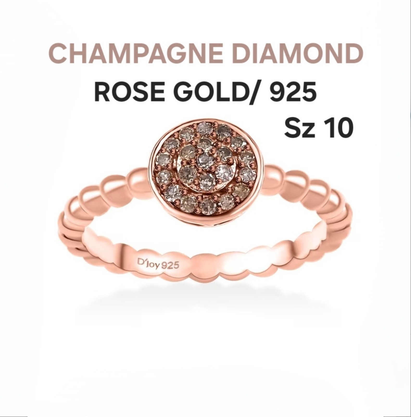 10 NATURAL CHAMPAGNE DIAMOND CLUSTER ROSE GOLD/ 925 STERLING BEADED BAND RING t8