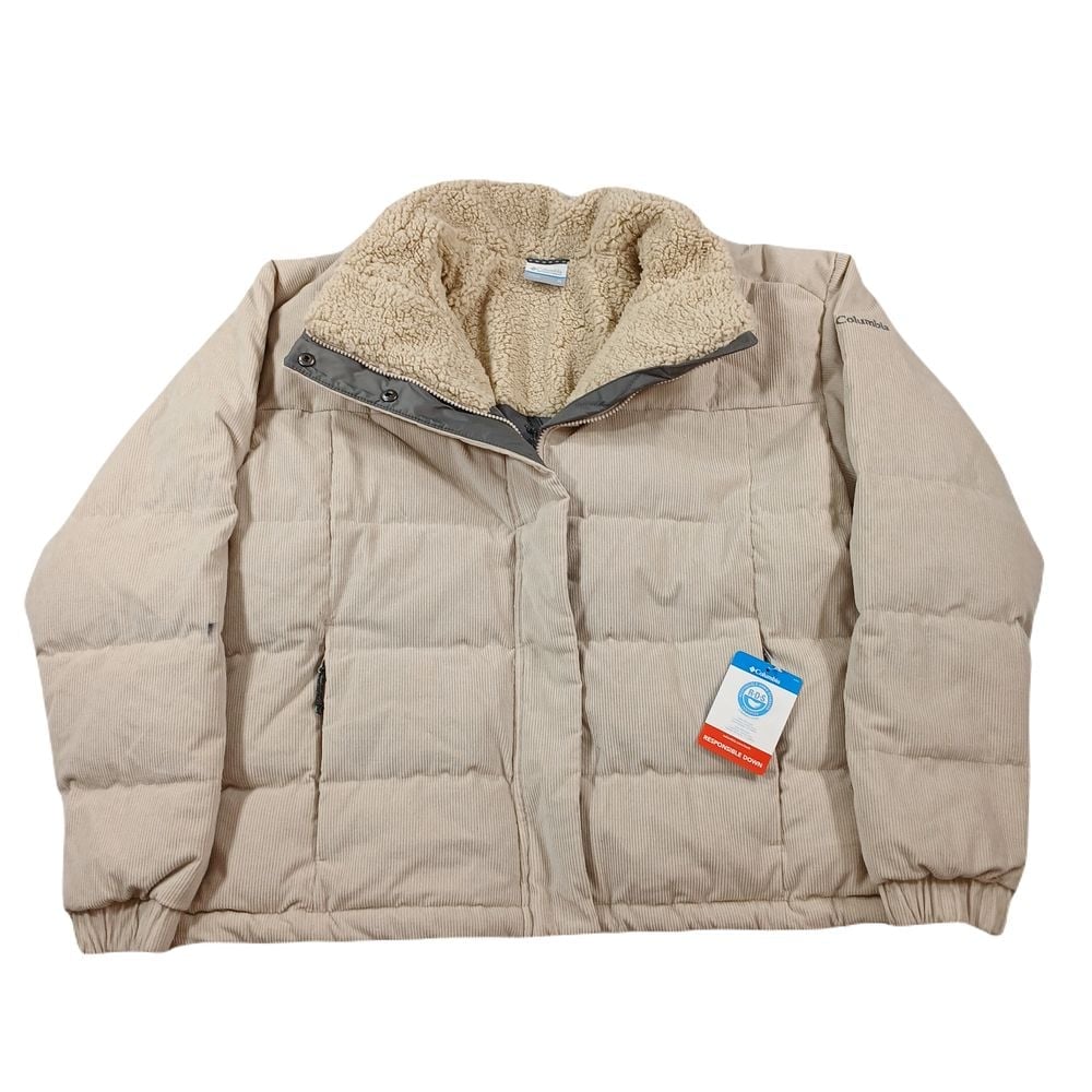 Columbia Down Sherpa Puffer Jacket Womens XL Stone White Corduroy Ruby 240